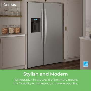 Kenmore 46-51805 Modern Counter-Depth Side Fridge with Water Dispenser, Ice Maker, and Energy Effici...
