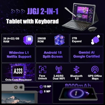 JJGJ 2025 Android 15 Tablet 10 Inch, 26GB RAM + 256GB ROM, Expandable to 2TB, 2-in-1 with Keyboard, ...