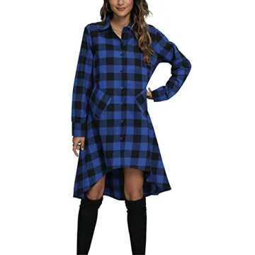 OLRAIN Women’s Plaids V Neck Long Sleeve Irregular Hem Casual Shirt Dress in Large Blue