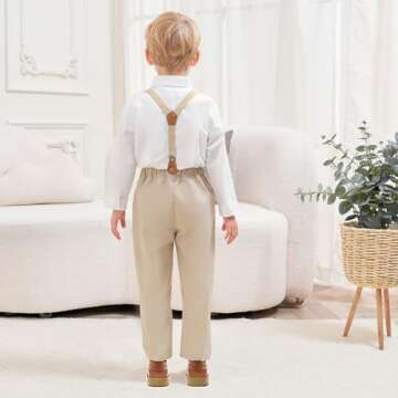 ALINTU Toddler Dress Clothes, Long Sleeve Dress Shirt + Suspender Pants Set, Gentleman Outfits for Boys, Khaki, 2-3T = Tag 100
