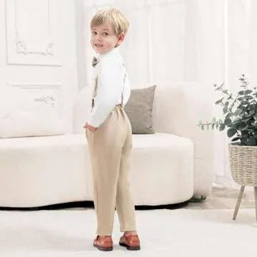 ALINTU Toddler Dress Clothes, Long Sleeve Dress Shirt + Suspender Pants Set, Gentleman Outfits for Boys, Khaki, 2-3T = Tag 100