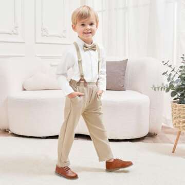 ALINTU Toddler Dress Clothes, Long Sleeve Dress Shirt + Suspender Pants Set, Gentleman Outfits for Boys, Khaki, 2-3T = Tag 100