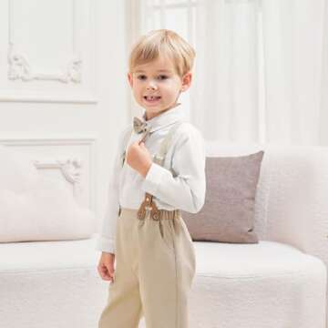 ALINTU Toddler Dress Clothes, Long Sleeve Dress Shirt + Suspender Pants Set, Gentleman Outfits for Boys, Khaki, 2-3T = Tag 100