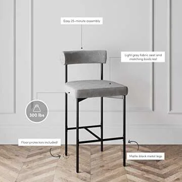 Nathan James Dahlia Counter Height Chair, Modern Barstool with Back, Mid-Century Metal Legs and Padded Cushion for Kitchen, Island and Bars, Light Grey/Black