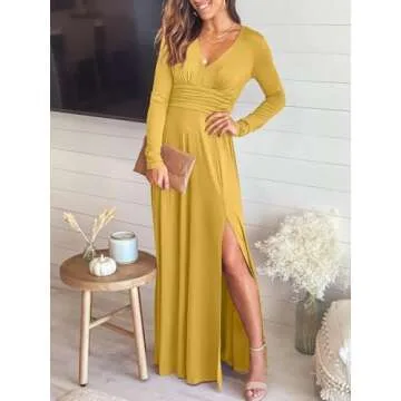 ANRABESS Women Deep V Neck Long Sleeve Slit 2024 Fall Elegant Formal Wedding Guest Cocktail Evening Date Prom Maxi Long Dress Yellow Large