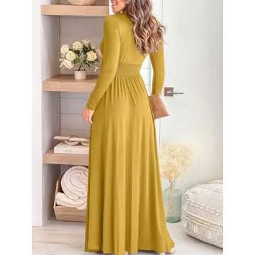 ANRABESS Women Deep V Neck Long Sleeve Slit 2024 Fall Elegant Formal Wedding Guest Cocktail Evening Date Prom Maxi Long Dress Yellow Large