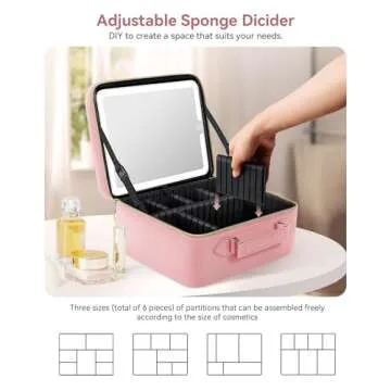 JUSRON Travel Makeup Bag With LED Mirror, Train Case with Light up Mirror, Portable Makeup Artist Organizer Bag with Adjustable Dividers, Makeup Brush Holder Storage (Pink, Large)