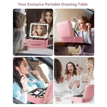 JUSRON Travel Makeup Bag With LED Mirror, Train Case with Light up Mirror, Portable Makeup Artist Organizer Bag with Adjustable Dividers, Makeup Brush Holder Storage (Pink, Large)