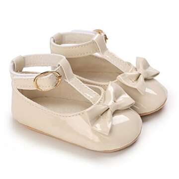COSANKIM Baby Girls Mary Jane Flats Shoes Anti-Slip Rubber Sole Infant Toddler Princess Wedding Dress Shoes(01 Beige, 6-12 Months Infant)