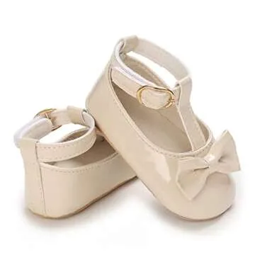 COSANKIM Baby Girls Mary Jane Flats Shoes Anti-Slip Rubber Sole Infant Toddler Princess Wedding Dress Shoes(01 Beige, 6-12 Months Infant)