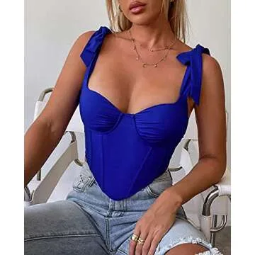 Parthea Women's Bandana Vintage Party Corset Crop Top Y2k Fashion Bustier with Push Up Bow Tie Lace-up Zip Back Tank Top