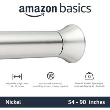 Amazon Basics Tension Curtain Rod, Adjustable 54-90" Width - Nickel, Classic Finial