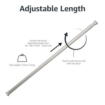 Amazon Basics Tension Curtain Rod, Adjustable 54-90" Width - Nickel, Classic Finial