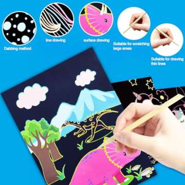 JUNQIU Scratch Art for Kids, Dinosaurs Black Rainbow Scratch Art Paper Set-Arts and Crafts & Supplie...