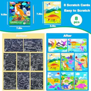 JUNQIU Scratch Art for Kids, Dinosaurs Black Rainbow Scratch Art Paper Set-Arts and Crafts & Supplies, DIY Activity & Party Games, Gifts for Toddlers, Girls & Boys Ages 3, 4, 5, 6, 7, 8