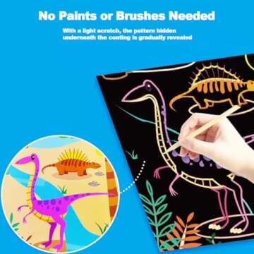 JUNQIU Scratch Art for Kids, Dinosaurs Black Rainbow Scratch Art Paper Set-Arts and Crafts & Supplies, DIY Activity & Party Games, Gifts for Toddlers, Girls & Boys Ages 3, 4, 5, 6, 7, 8