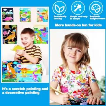 JUNQIU Scratch Art for Kids, Dinosaurs Black Rainbow Scratch Art Paper Set-Arts and Crafts & Supplies, DIY Activity & Party Games, Gifts for Toddlers, Girls & Boys Ages 3, 4, 5, 6, 7, 8