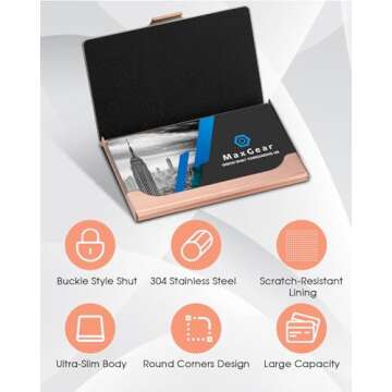 MaxGear Metal Business Card Holder for Men & Women, Professional Stainless Steel Card Case for Business Cards, Slim Purse Name Cards Holders Wallet with Interior Lining, Buckle Style Shut, Rose Gold