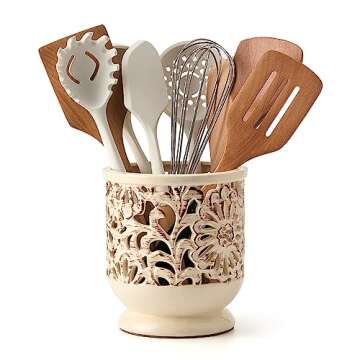 JH JIEMEI HOME Farmhouse Kitchen Utensil Holder with Cork Mat, Beige Decorative Crock