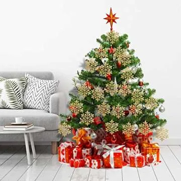 Eokeanon 36PCS Plastic Christmas Glitter Snowflake Ornaments Christmas Tree Decorations, 4 Inch Plastic Snowflake Ornaments for Winter Wonderland Christmas Party Decorations, Gold