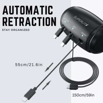 SUPERLIT Headrest Car Fast Charger - Retractable Multi Port for USB-C Android Apple 3 in 1 Headrest Two feet Cable Charger for Lyft Uber Taxi Ride Share for Passenger Get Tips Accessories Superlit