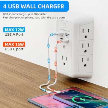 Wall Charger Surge Protector with Night Light and USB Ports