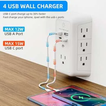 Wall Charger Surge Protector with Night Light and USB Ports