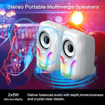 ZIYOU LANG Computer Speakers,2.0 Stereo Volume Control Gaming Speakers with Surround Sound,6 RGB LED Backlit Effect,USB Powered Wired Laptop Speakers with 3.5mm for Desktop Computer/PC/Laptops(White)