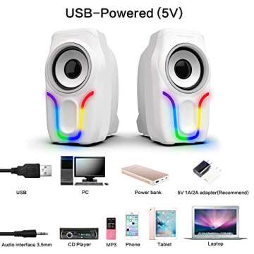 ZIYOU LANG Computer Speakers,2.0 Stereo Volume Control Gaming Speakers with Surround Sound,6 RGB LED Backlit Effect,USB Powered Wired Laptop Speakers with 3.5mm for Desktop Computer/PC/Laptops(White)