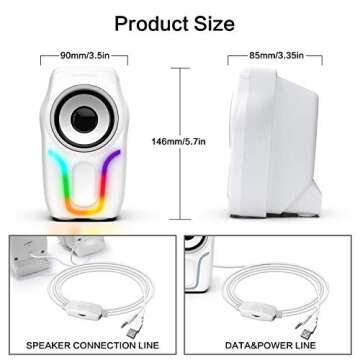 ZIYOU LANG Computer Speakers,2.0 Stereo Volume Control Gaming Speakers with Surround Sound,6 RGB LED Backlit Effect,USB Powered Wired Laptop Speakers with 3.5mm for Desktop Computer/PC/Laptops(White)