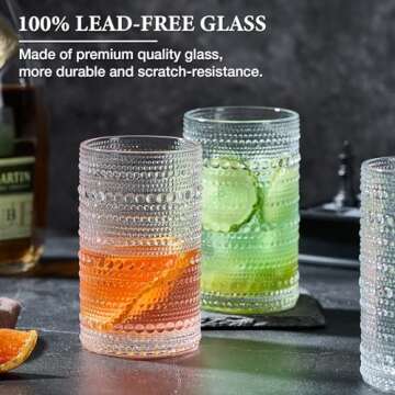 Mfacoy Large Vintage Hobnail Drinking Glasses Set of 6, 14 oz Cocktail Glasses,Highball Glasses, Embossed Glass Cups, Clear Water Tumbler, Glassware for Beer, Juice, Cocktail, Whiskey, Milk