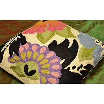 Kashmir Designs Daisy Floral Pillow Cover Hand Embroidered Flower Throw Pillowcase Traditional Floral Outdoor Suzani Cushion Boho Flower Throw Pillow Chair Cushion Wool Size - 18x18