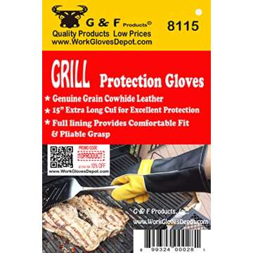 14.5" Long Premium Leather Gloves, BBQ gloves, Grill and Fireplace Gloves, Cotton lining with Kevlar...