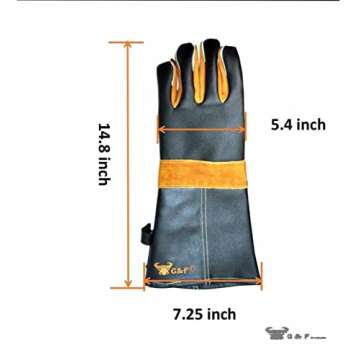 14.5" Long Premium Leather Gloves, BBQ gloves, Grill and Fireplace Gloves, Cotton lining with Kevlar stitch, Heat Resistant Gloves, animal handling gloves, bite-proof gloves, Grey and Yellow