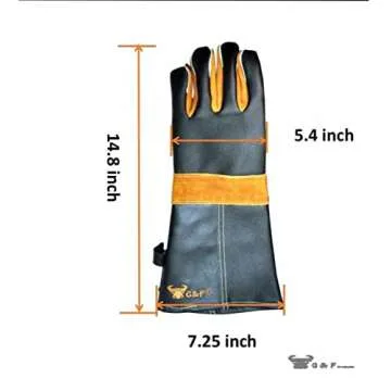 14.5" Long Premium Leather Gloves, BBQ gloves, Grill and Fireplace Gloves, Cotton lining with Kevlar stitch, Heat Resistant Gloves, animal handling gloves, bite-proof gloves, Grey and Yellow