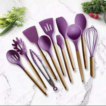 Kitchen Cooking Utensils Set 12 Pieces Silicone Wooden Handle High Heat Resistance Premium Silicone ...