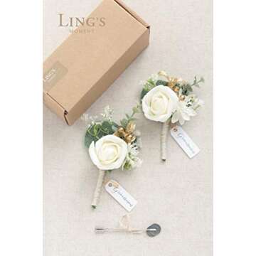 Ling's Moment Boutonniere for Men, 2pcs Groom Groomsmen Guest Boutonniere, Artificial Flowers for Wedding/Prom/Homecoming, etc.White Baby Breath Ivory