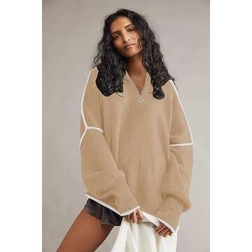 Womens Oversized Tunic Sweaters 1/4 Zipper Neck Knit Tops Casual Sweatshirt Pullover Stripes Sweater...
