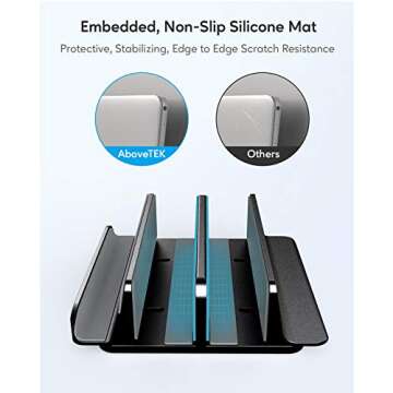 AboveTEK Vertical Laptop Stand Holder, 3 Slots Aluminum Desk Stand with Adjustable Dock Size for Tablet, MacBook, Phone - Universal Fit (up to 17.3") - Heavy Duty Polished, Anti Slide - Black