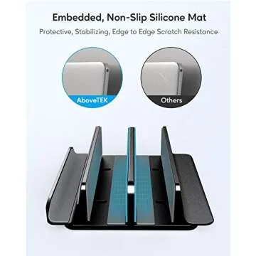AboveTEK Vertical Laptop Stand Holder, 3 Slots Aluminum Desk Stand with Adjustable Dock Size for Tablet, MacBook, Phone - Universal Fit (up to 17.3") - Heavy Duty Polished, Anti Slide - Black