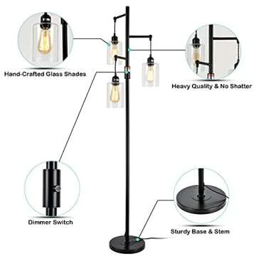 Airposta Industrial Floor Lamp with On/Off Dimmable Switch, 3-Head Rustic Tree Standing Lamp, Edison Bulb 40W Retro Tall Glass Floor Light for Living Room, Reading, Office, Bedroom, Black