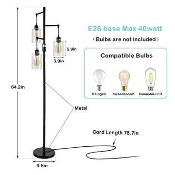 Airposta Industrial Floor Lamp with On/Off Dimmable Switch, 3-Head Rustic Tree Standing Lamp, Edison Bulb 40W Retro Tall Glass Floor Light for Living Room, Reading, Office, Bedroom, Black