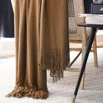LOMAO Knitted Throw Blanket with Tassels Bubble Textured Soft Blanket Lightweight Warm Throws for Couch Cover Home Decor (Khaki, 50x60)