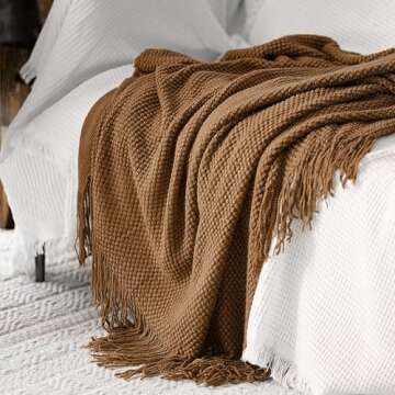 LOMAO Knitted Throw Blanket with Tassels Bubble Textured Soft Blanket Lightweight Warm Throws for Couch Cover Home Decor (Khaki, 50x60)