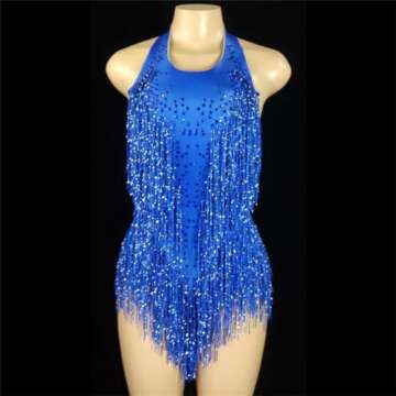 Generic Sparkling Crystal Tassel Tights Sexy Jazz Dance Costume One-Piece Stage Costume Dancer Perfo...