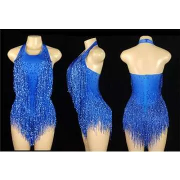 Generic Sparkling Crystal Tassel Tights Sexy Jazz Dance Costume One-Piece Stage Costume Dancer Performance Costume