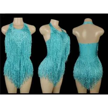 Generic Sparkling Crystal Tassel Tights Sexy Jazz Dance Costume One-Piece Stage Costume Dancer Performance Costume