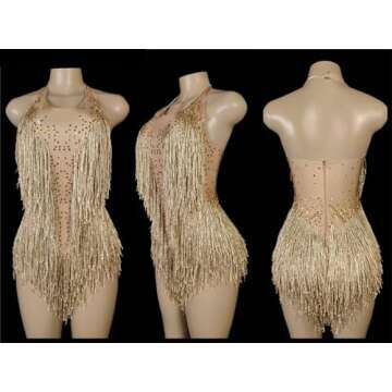 Generic Sparkling Crystal Tassel Tights Sexy Jazz Dance Costume One-Piece Stage Costume Dancer Performance Costume