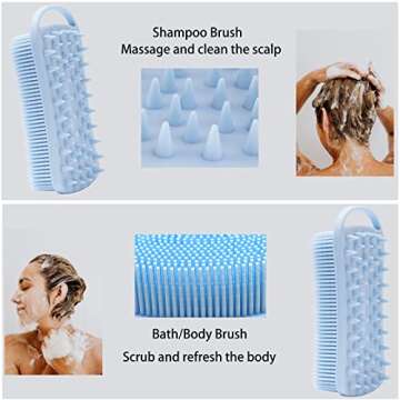 2 PC Silicone Exfoliating Body Scrubber, 2 in 1 Silicone Body Shampoo Brush, Soft Silicone Loofah for Sensitive Skin, Shower Silicone Hair Scalp Massager, Easy to Clean, Lather Well (Pink&Blue)