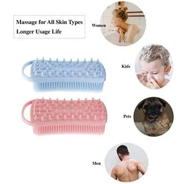 2 PC Silicone Exfoliating Body Scrubber, 2 in 1 Silicone Body Shampoo Brush, Soft Silicone Loofah for Sensitive Skin, Shower Silicone Hair Scalp Massager, Easy to Clean, Lather Well (Pink&Blue)